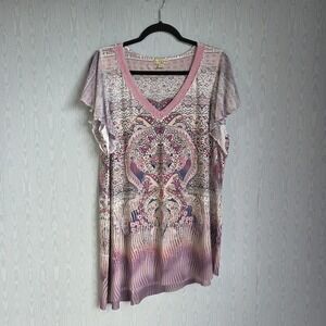 Live & Let‎ Live Womens 1X Top Tunic Rhinestone Y2K Asymmetric Boho Hippie Indie
